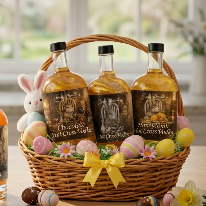 Bottles of Hot Cross Vodka with a decorative Easter basket on a table.