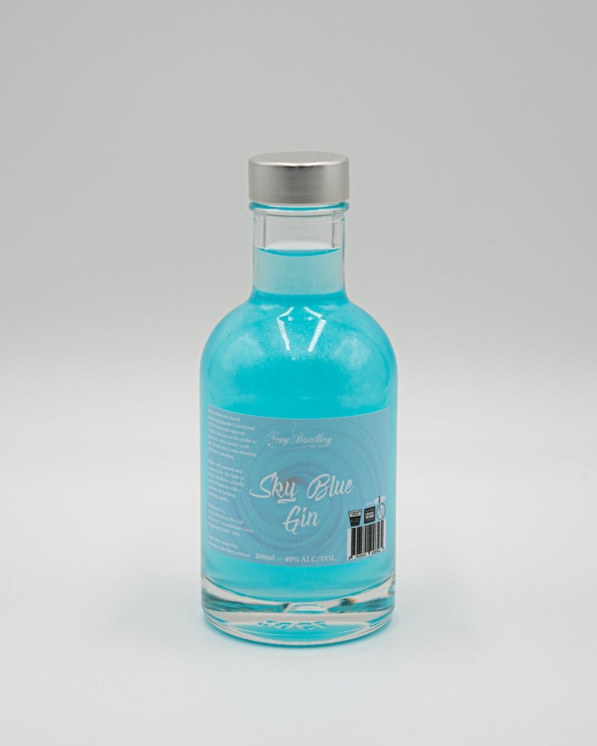 Sky Blue Shimmer Gin 200ml bottle. Coloured Glitter Gin Newy Distillery.