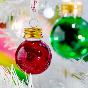 Boozy Baubles Christmas 2023. Raspberry and Lime Flavoured Vodka Baubles. Displayed on white tree.