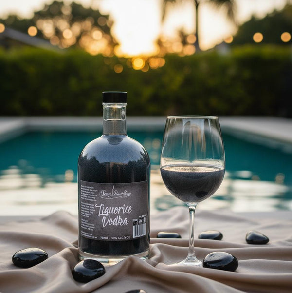 Bottle of liquor and glass by a pool with sunset background