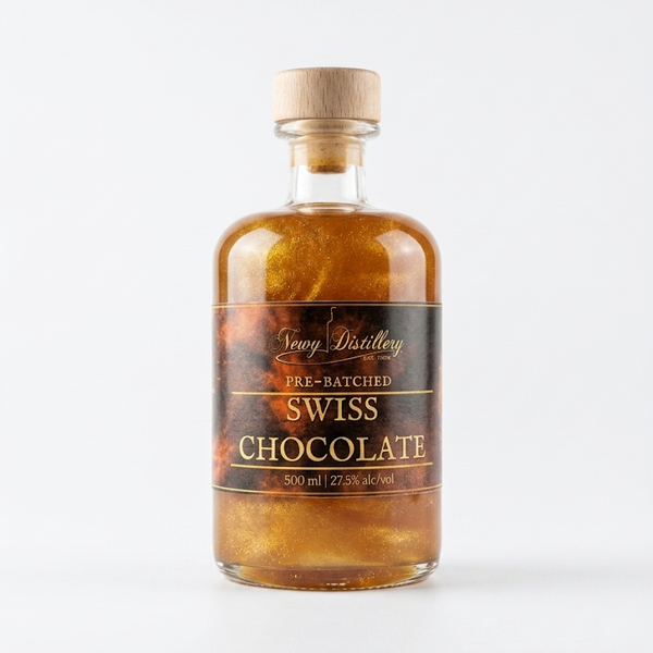 Bottle of Swiss Chocolate pre batch with a wooden cap on a white background