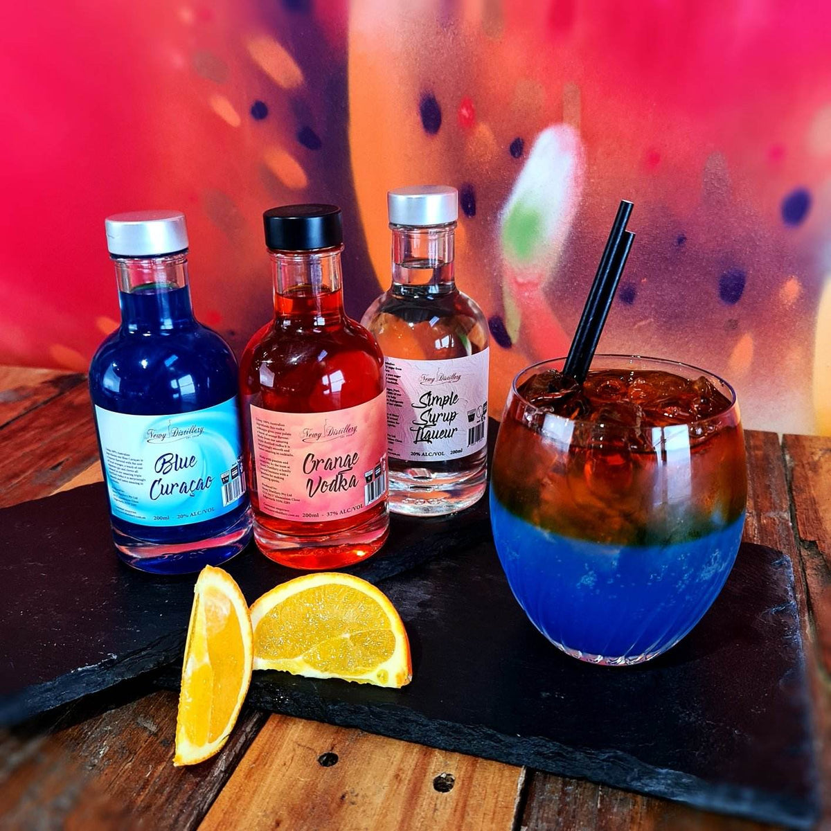 Orange Tingle Cocktail Kit by Newy Distillery. 3 200ml bottles and Orange Tingle cocktail.