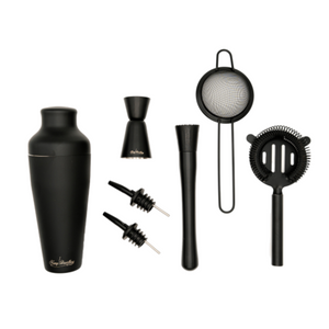 Newy Distillery black 7 piece mixology cocktail making set.