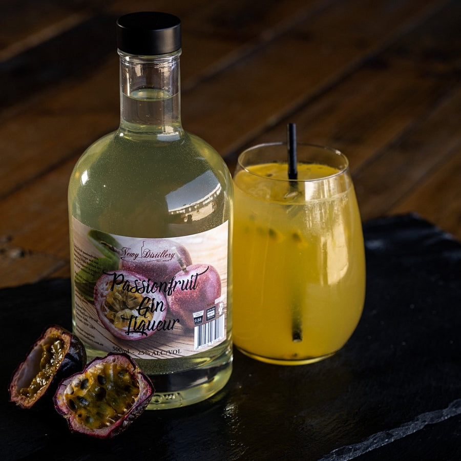 Passionfruit Gin Liqueur by Newy Distillery. Passionfruit Gin Liqueur bottle 500ml displayed with cocktail.