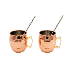 Hammered Copper Moscow Mule Mugs with metal straws and straw cleaning brush. Newy Distillery.